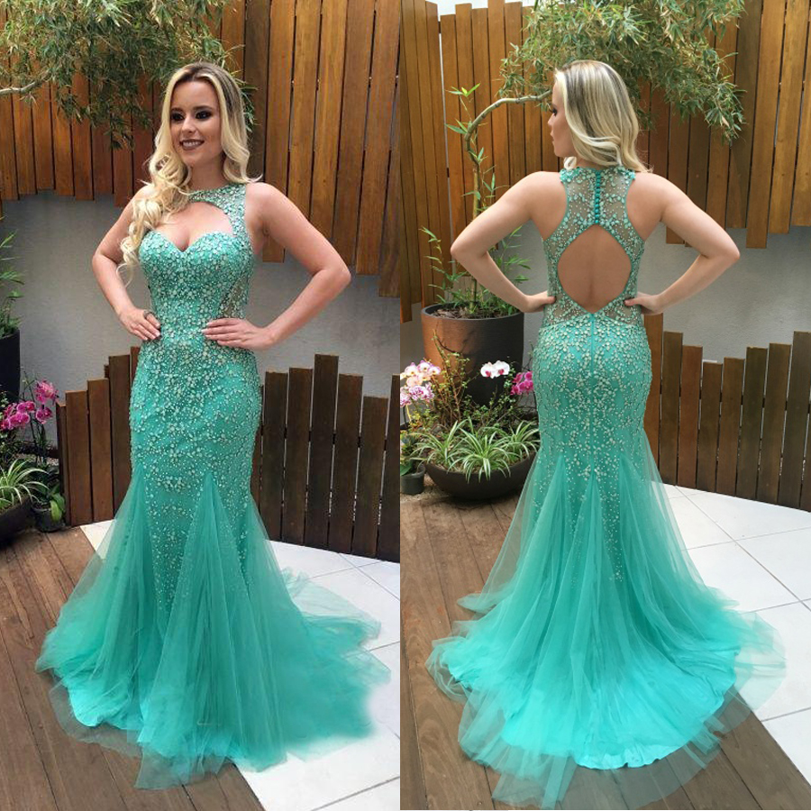 

Beads Mermaid Tulle Zipper Gorgeous Sleeveless 2021 Prom Dresses Heavy Crystals Green Sexy Evening Dress vestidos largos de fiesta, Champagne