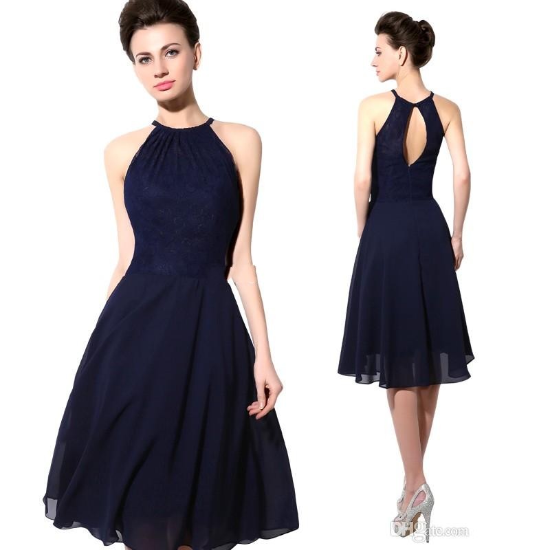 

2019 New Arrival Cheap Short Party Dresses Navy Blue Lace Halter Open Back A Line Chiffon Knee Length Cocktail Prom Dress Sexy Gowns, White