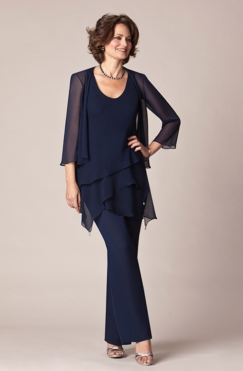 2022 Navy Blue Chiffon Mother Of The Bride Suits Formal Dresses Long Pant Suits Dress With Jackets 3/4 Sleeve Plus Size Black Gowns