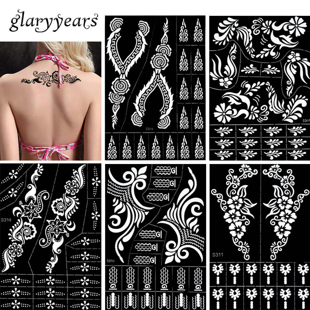 

Wholesale-30 Designs 1 Piece Large Henna Stencil Hollow Airbrush Paint Template Sexy Women Makeup Body Art Tattoo Stencil Temporary