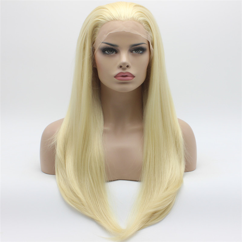 

Iwona Hair Straight Long Light Blonde Wig 2#613 Half Hand Tied Heat Resistant Synthetic Lace Front Wig, Black