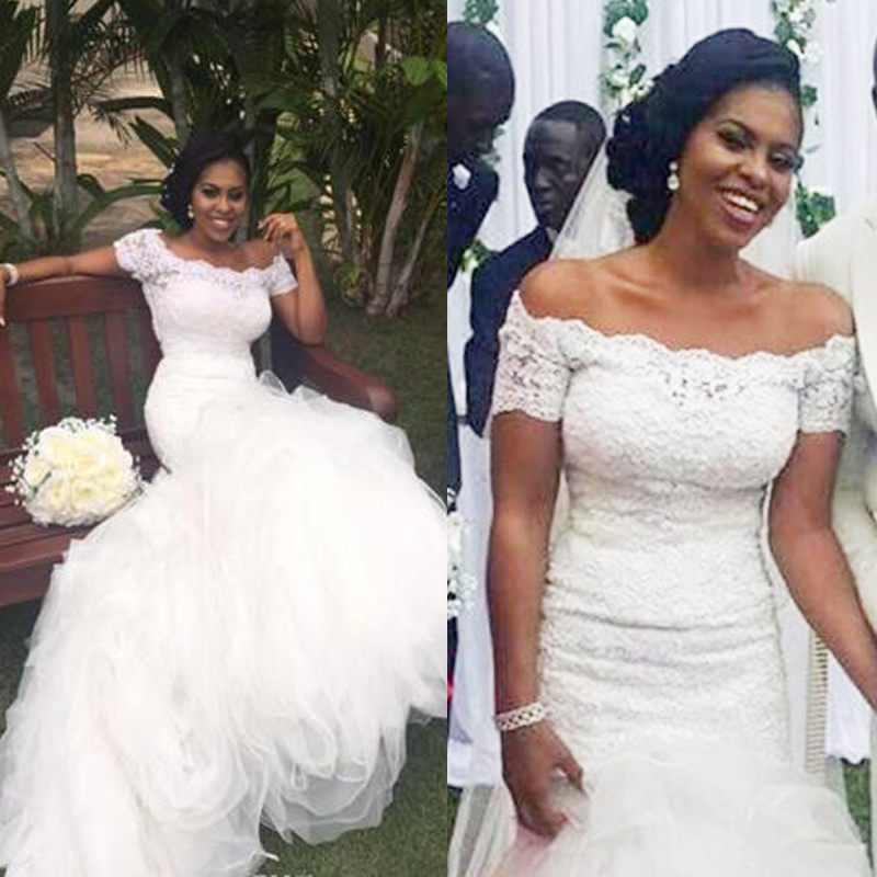 

African Lace Mermaid Wedding Dresses Short Sleeve 2017 Off The Shoulder Tulle Ruffles Tiered Long Bridal Gowns Custom Made China EN101310, Custom made from color chart