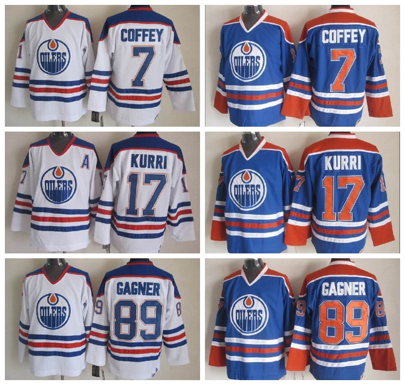 

Cheap 7 Paul Coffey Jersey Edmonton Men 89 Sam Gagner 17 Jari Kurri Ice Hockey Vintage CCM Blue White Stitched Logo Best Quality, Black;red