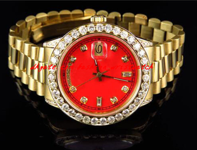 

Fashion Mens 41MM 18038 18k Yellow Gold Red Dial Bigger Diamond Automatic Mechanical Men Watches New Top Quality Luxury Wristwatch