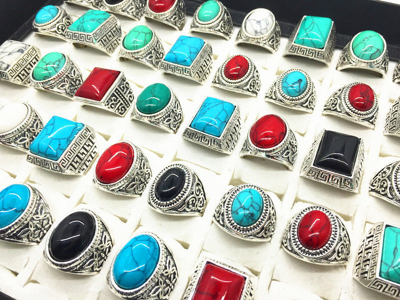 

Men's women's mix styles antique silver vintage Turquoise stone rings Gift Party Wedding Ring 50pcs Lot Wholesale
