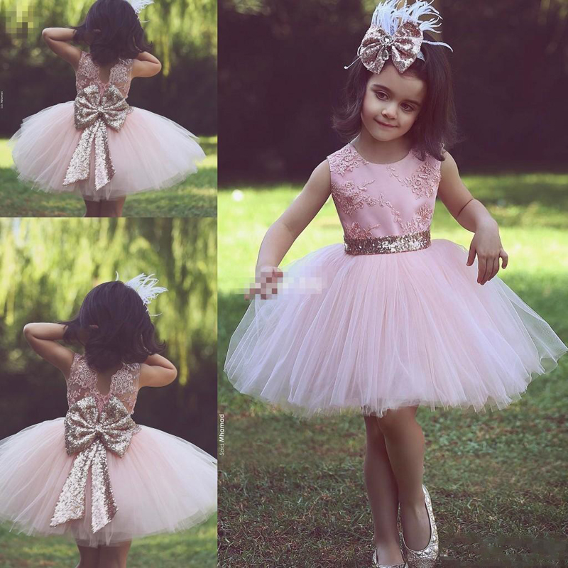 

Retro Tutu Pink Short Flower Girl Dresses for Country Wedding Party Bog Sequined Bow Crew Neck Baby Child Birthday Formal Dress Lace, Champagne