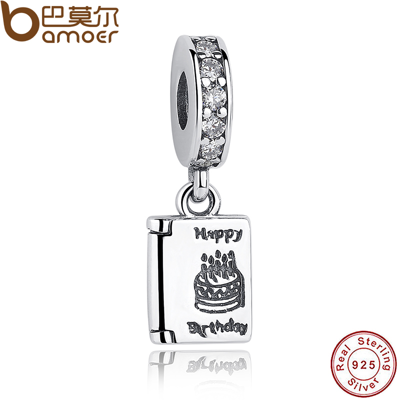 Wholesale-Authentic 925 Sterling Silver Happy Birthday Cake Wishes Dangle Clear CZ Charm Fit Original Bracelet Jewelry PAS151