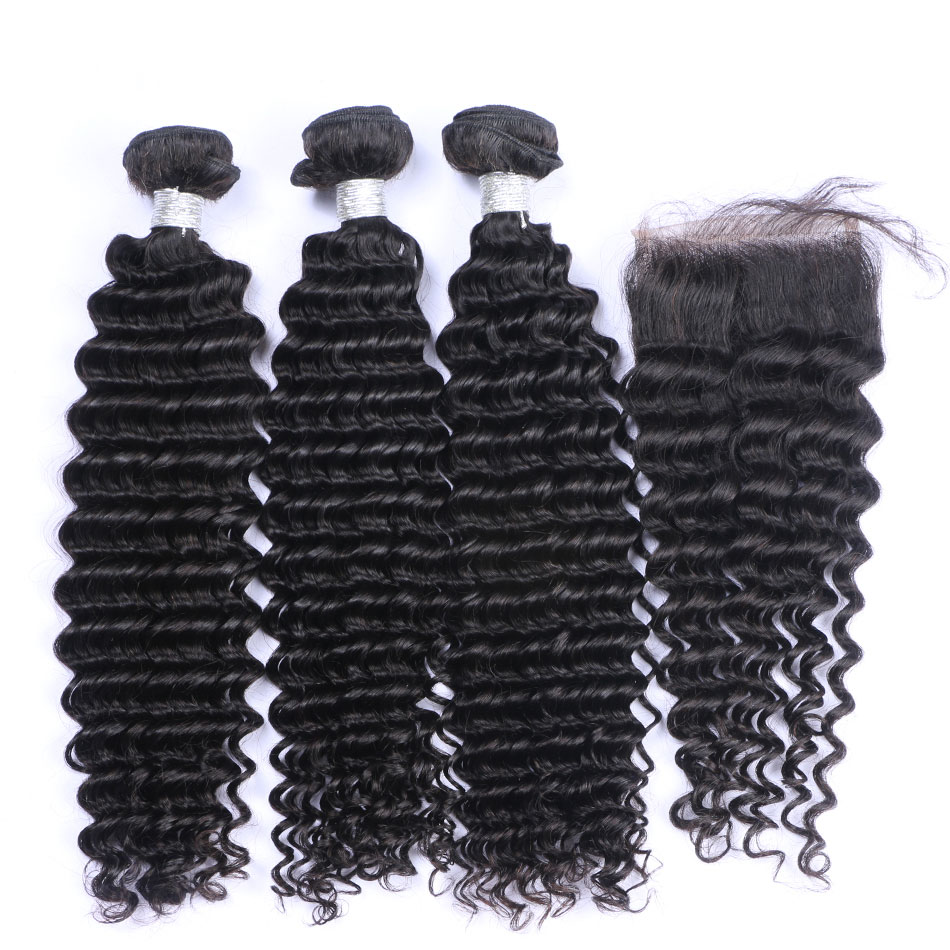 

Brazilian Curly Virgin Human Hair Weaves 3 Bundles With Lace Closures Peruvian Malaysian Cambodian Indian Mongolian Deep Jerry Curly Hair, Natural color