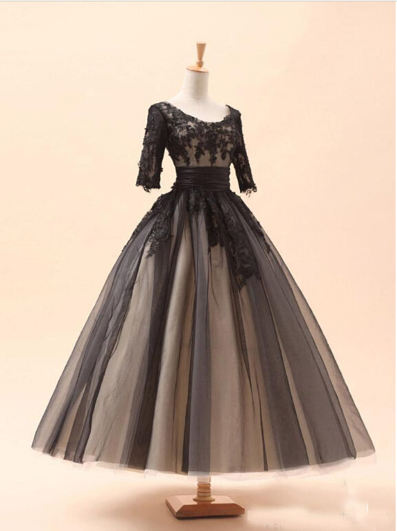 Vestido de festa 2019 Black Applique Tea Length Evening Party Dresses With Half Sleeves Scoop Neck Lace up Full Back Prom Gowns Formal