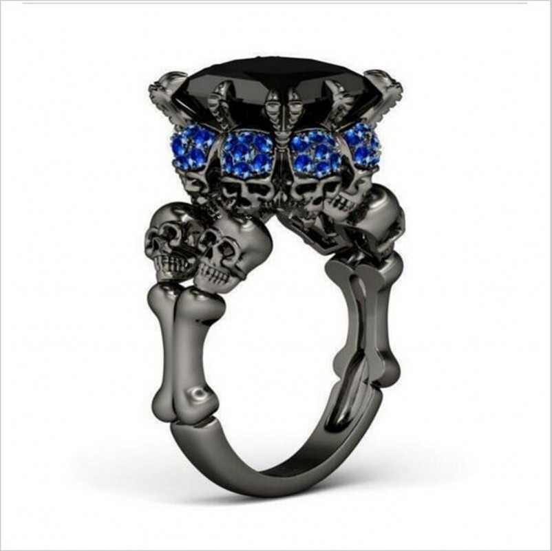 

Brand Punk Jewelry Skull 10KT Black Gold Filled Demon Princess 5CT Blue Sapphire Cocktail Wedding Bands Ring for Women Men Size 5-10