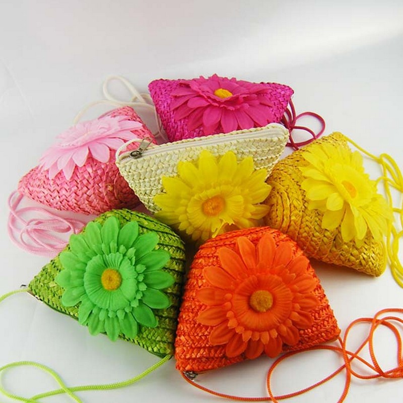 

Girls Change Purse Cosmetic Bags Key Bag Kids Cute Coin Purse Sun flower Children Beach bags Girls Crossbody Bag Straw Braid C1021, As photo