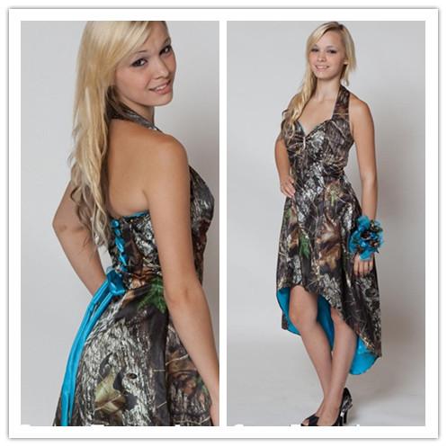 

In Stock Mossy Oak Camo Bridesmaid Dresses Custom Made Strapless Hi-lo Short Camo Wedding Party Dress Camo And Blue, Same as image