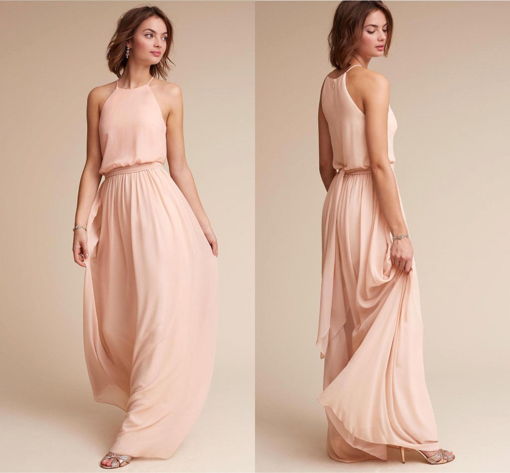 

Vintage Blush Pink Chiffon Bridesmaid Dresses 2018 Halter Zipper Back Long Maid of Honor Gowns Cheap Wedding Guest Party Dress
