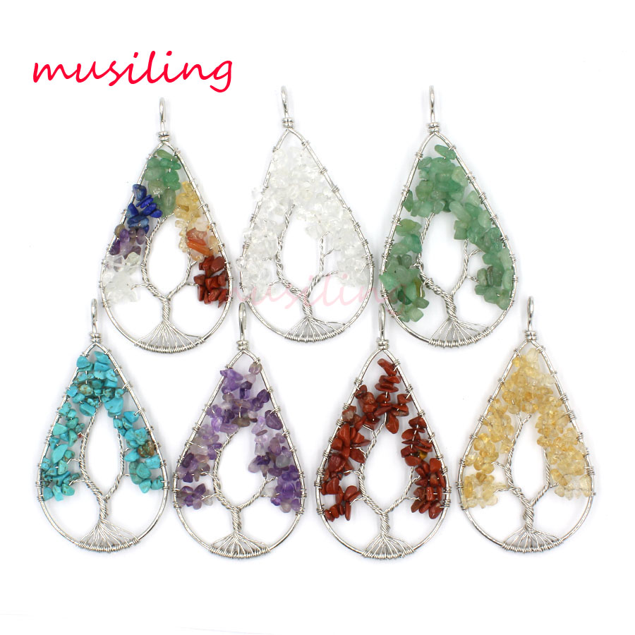 

Water Drop Life Tree Pendants Natural Stone Silver Plated Sweater Pendant Pendulum Accessories European Fashion Jewelry For Women