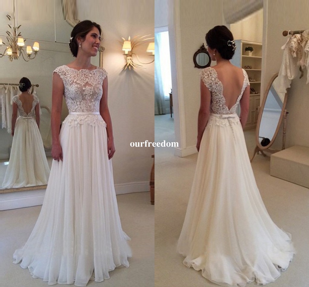 

Cheap 2019 A Line Backless Lace Wedding Dresses Scoop Neck Chiffon Robe De Mariage chiffon See Through Back Beach Bohemian, Red