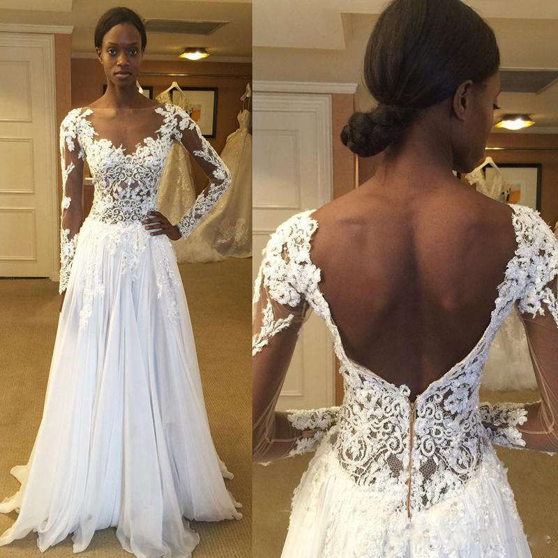 

Lace A Line Wedding Dresses South African Sheer Neck Open Back Bridal Gowns Illusion Long Sleeves Chiffon Floor Length Wedding Vestidos, Gold
