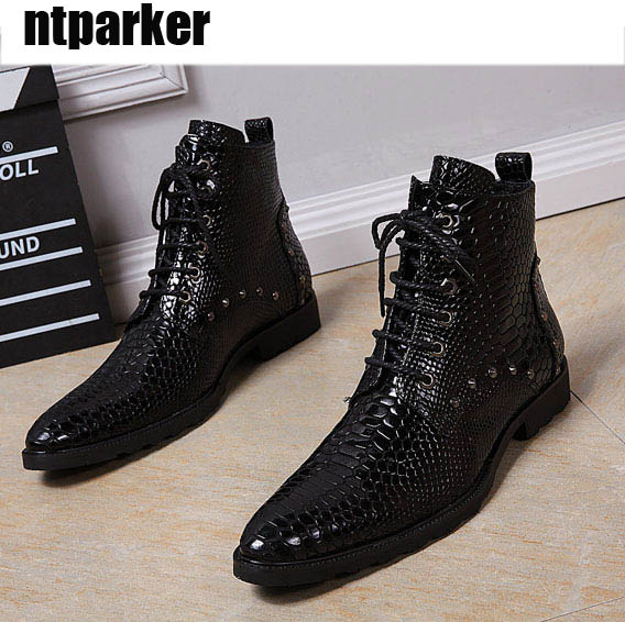 

Forward Black Men Leather Shoes High Top Pointed Toe Lace Up Short Ankle Boot Man Snake Pattern Rivets Ankle Boots Men!, Black 02