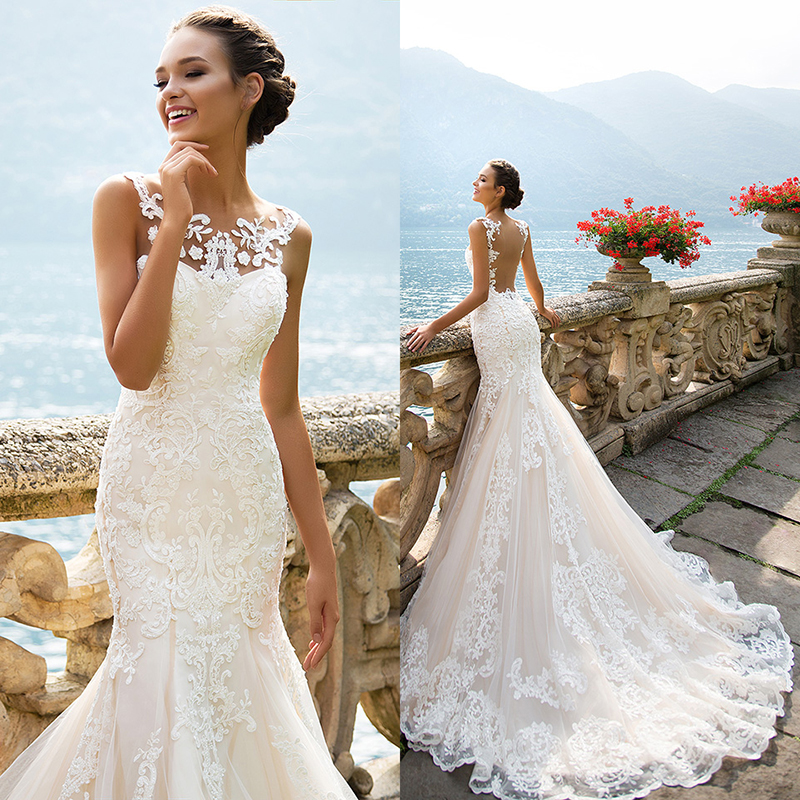 Vintage 2021 Mermaid Wedding Dresses Scoop Neck Sleeveless Appliques Lace Sheer Back Wedding Dress Plus Size-image-264884994
