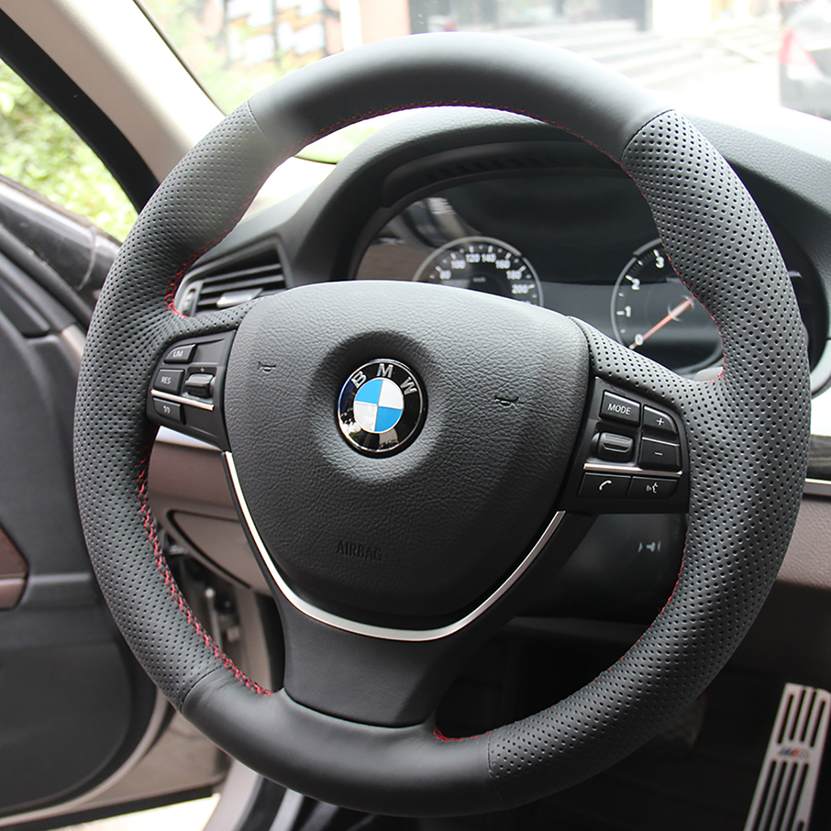 

Steering Wheel Covers Case for BMW 730i 535 525i 2014 Genuine Leather Covers DIY Hand-stithed Black Car Covers