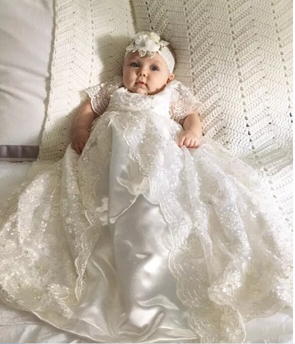 

High Quality Full Lace Short Sleeves Ivory Toddler Infant Baptism Dresses 2019 Newborn Baby Girls First Communion Gowns