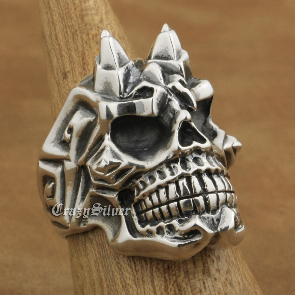 

LINSION 925 Sterling Silver Devil Horn Skull Ring Mens Biker Punk Ring TA13 US 7~15