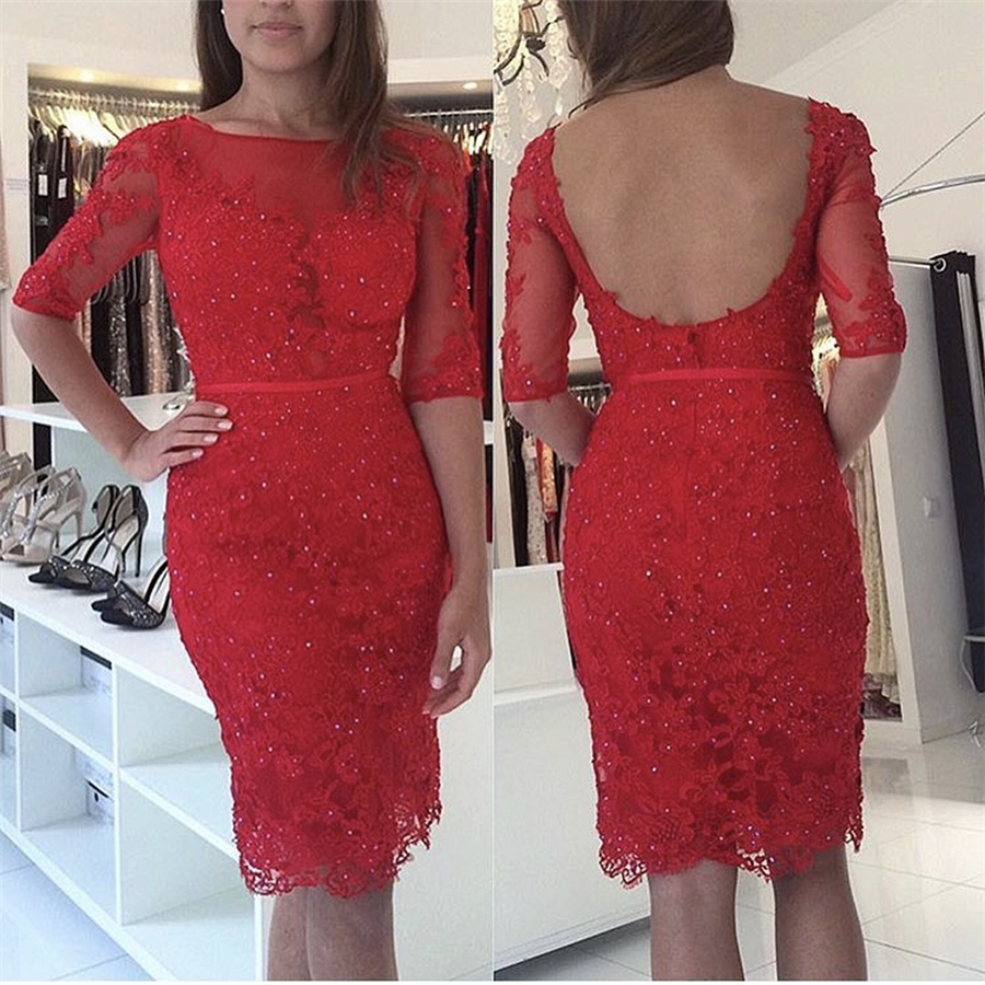 

Vintage Vestidos De Fiesta O Neck Evening Dress Appliqued Beaded Lace Half Sleeve Low Back Knee Length Prom Dresses, Red