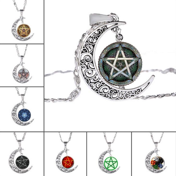 

High quality Hot witchcraft five-pointed star pattern time gemstone necklace glass pendant WFN210 (with chain) mix order 20 pieces a lot