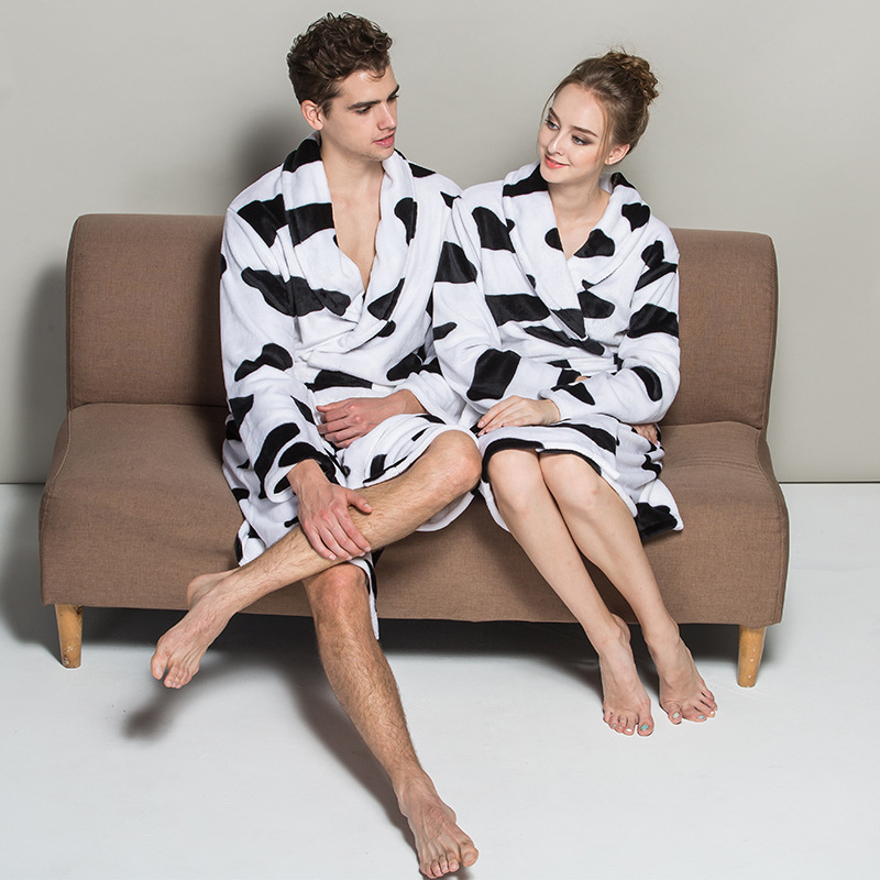 

Wholesale- Soft Quality Flannel Nightgown Plug Size Winter Long Sleeve Sleepwear Cow Print White Couple Robe Women Men Bathrobe, As pic