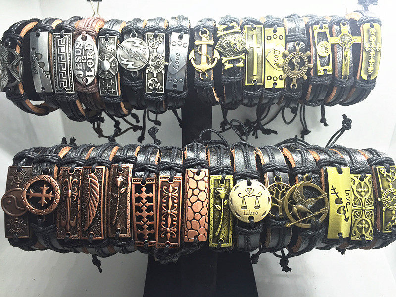 

Wholesale lots 100pcs Mixed Styles Vintage Alloy leather Cuff Bracelets Jewelry Best Gift For Man Women, Golden;silver