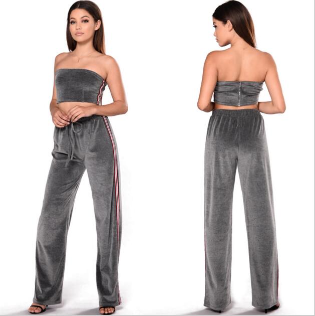 Combinaison d'été Femme Ensemble de longs pantalons de poussée de poussée sans bretelles Tops à la taille haute taille large pantalon de jambe se