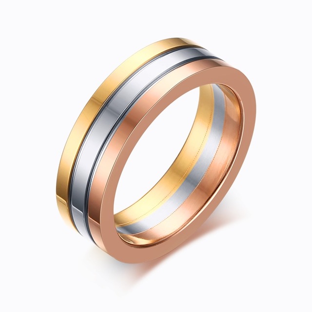 Meaeguet Women's 6MM Gold Color Ring Simplicity Trendy Three Color 3 IN 1 Ring Cocktail Party Ring to 5-9 R-194