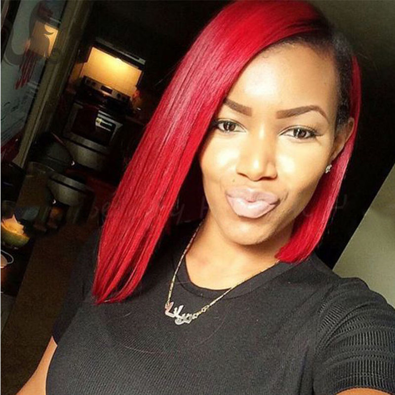 

Ombre Black to Red Human Hair Lace Front Wig Glueless Black Root Ombre Red Short Straight Bob Cut Hair Wigs for women, 1b/pink