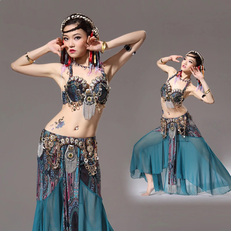 

Stage Performance Women Dancewear Tribal Bellydance Outfit Set C/D Cup Coins Bra Skirts Belly Dance Costume 2pcs Bra Skirt, Teal
