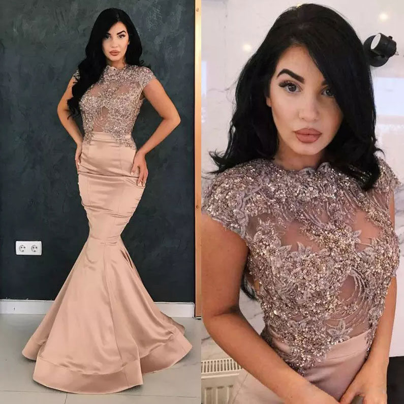 

Champagne Mermaid Sequined Prom Dresses Sheer Bateau Neck Beaded Evening Gowns Floor Length Satin 3D Appliques Formal Dress, Dark green