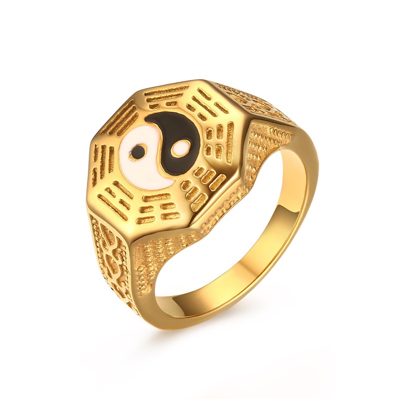 Meaeguet Men's Gossip Yin Yang Symbol Gold-Plated Rings Stainless Steel Male JewelryBague Anillos Gift US Size 7-11 RC-286