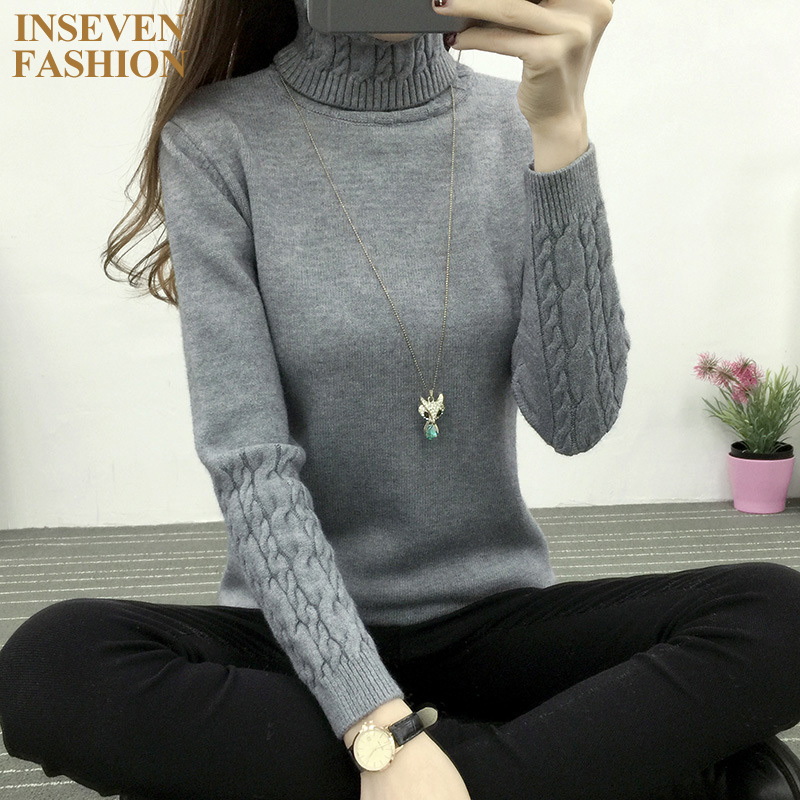 Wholesale-Winter Autumn Turtleneck Womens Sweaters Casual Long Sleeve Female Pullovers Tops Color Gray Black White Purple Pink Khaki DY5