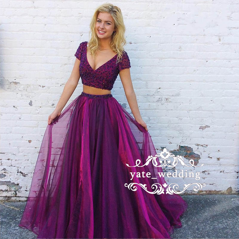 Two Piece Organza Prom Dresses 2018 V Neck Short Sleeves Sequins Beaded Floor Length Backless Teal Green Black Purple Party Dresses