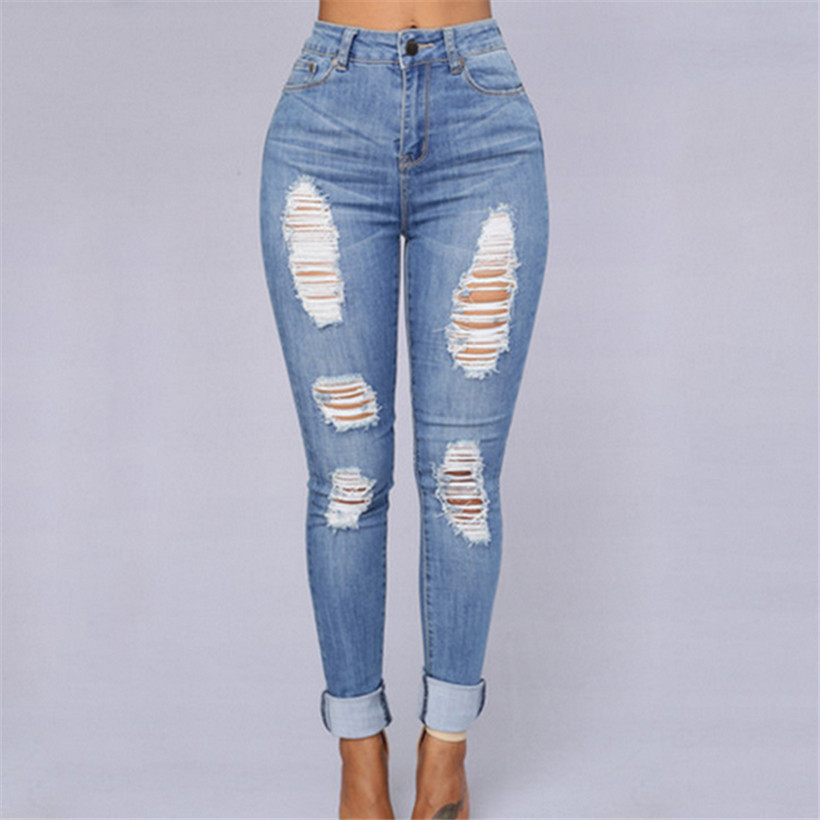 

Wholesale- Retro Hole Design Loose Jeans Woman High Waist Women's Denim Pants New Fashion Full Length Trousers For Women Pencil Pants, As picture