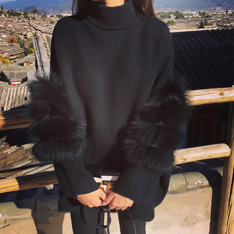 

Wholesale- Women Oversized Fur Sweater Winter Truien Dames Fluffy Sweater Tunic Turtleneck Pull Femme Manche Longue 2017 Fashion Outwear, Black