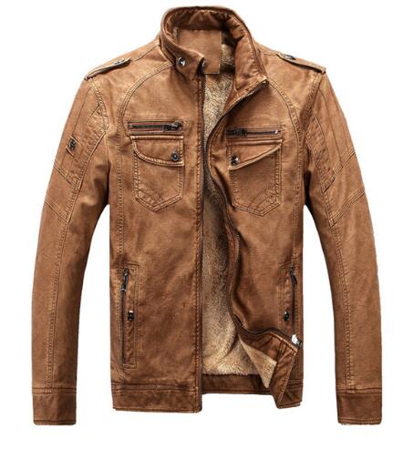 mens winter leather jacket Thick Plus Velvet warm coat leisure clothing casual Stand Collar Faux Washed PU Motercycle Bomber Jackets