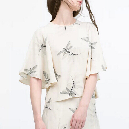 

New Women Fashion Ladies' elegant Dragonfly print blouses vintage O neck short sleeve shirts casual slim new arrival tops, Beige