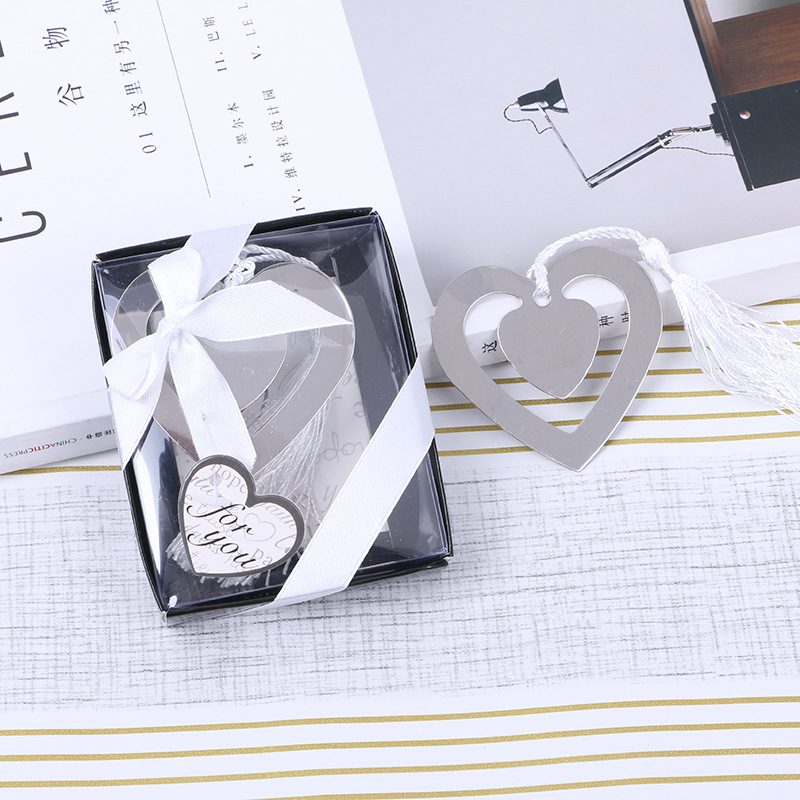 

Wedding Favor Double Heart Metal Bookmarks with Tassels Box Packing Baby Shower Party Gift, Silver