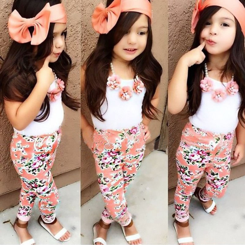 

Wholesale- 2016 Floral Baby Girls Sun Tops T-shirt Pants Trousers Bow Hairband Outfits 3Pcs Set, White