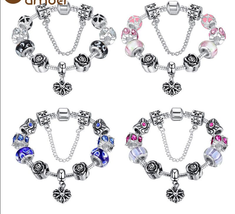 Bracelet en argent 925 européen avec breloque coeur perles de Murano pour femmes bijoux à bricoler soi-même Bracelet de perles plaqué argent de S