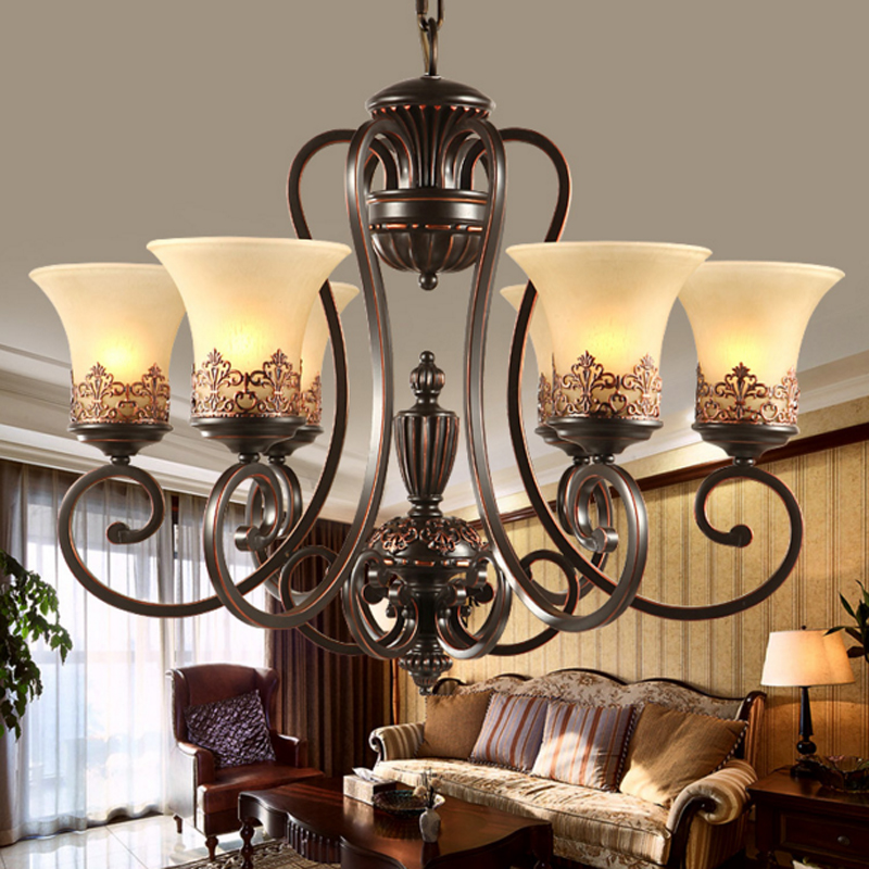 

antique black wrought iron chandelier rustic Arts & Crafts Bronze Chandelier with 8 Lights Cream shade chandeliers living room pendant lamp