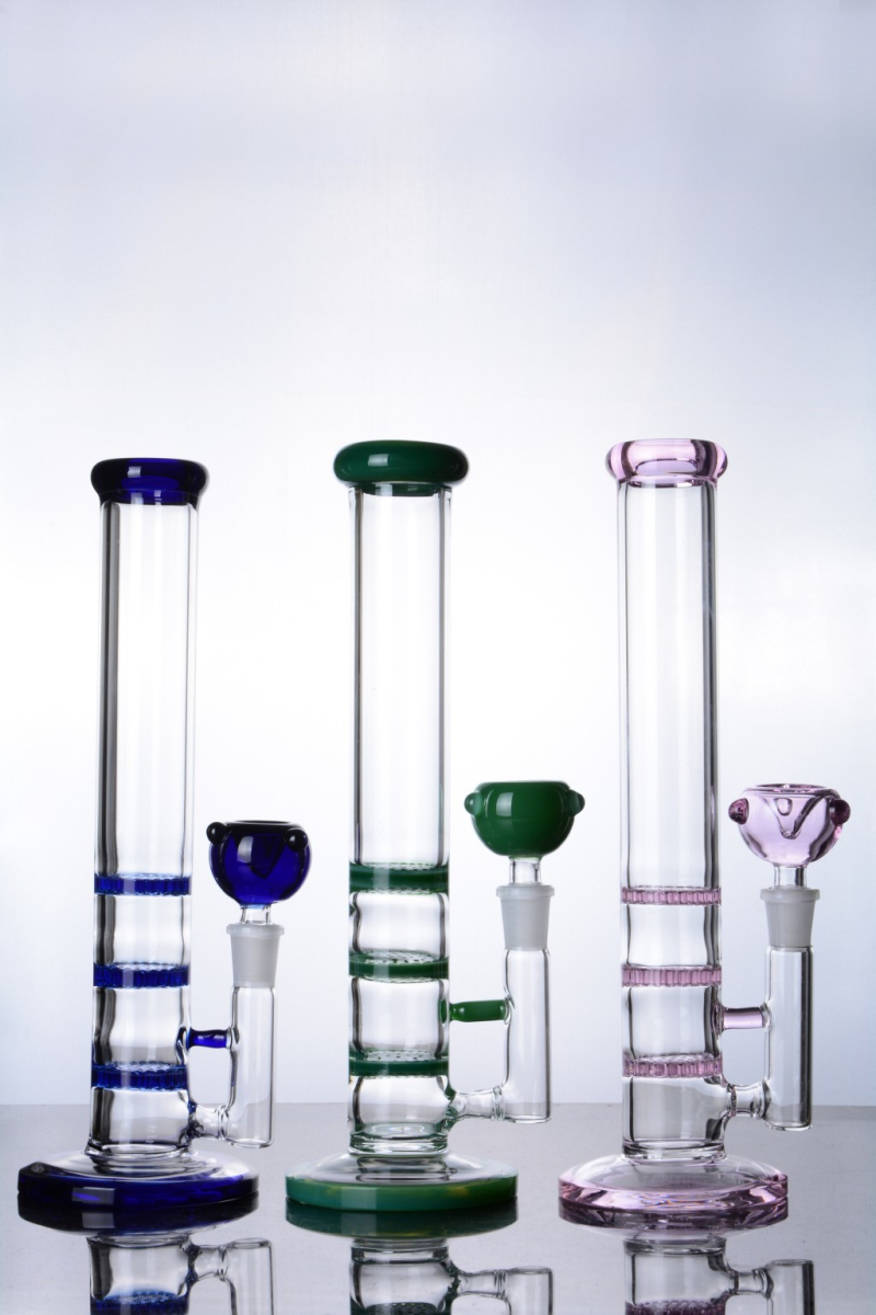 

11 inches straight glass tube with 3 colored honeycomb perc water pipe glass bongs shisha with 14 mm joint