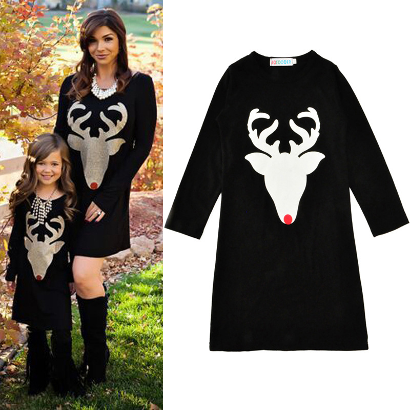

New 2017 Mother And Daughter Family Dress T-shirt Casual Dress Mum Girl Dresses Cartoon Reindeer Long Sleeve Cotton Deer Dress Black A7213
