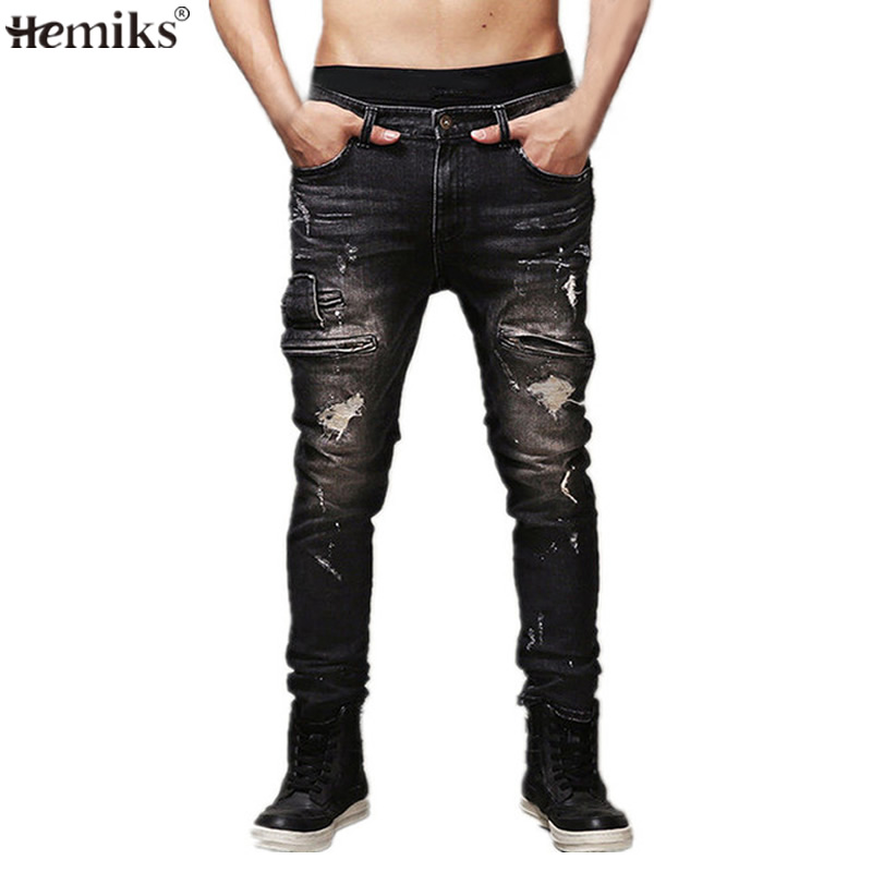 

Wholesale-Hemiks High Quality Mens Ripped Biker Jeans 100% Cotton Black Slim Fit Motorcycle Jeans Men Vintage Distressed Denim Jeans Pant, As pic