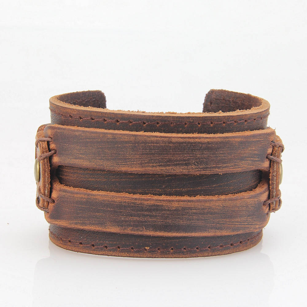 

Fashion Jewelery Wide Genuine Leather Bangles Cuff Bracelets Newest Mens Vintage Real Leather Wristband Bracelets