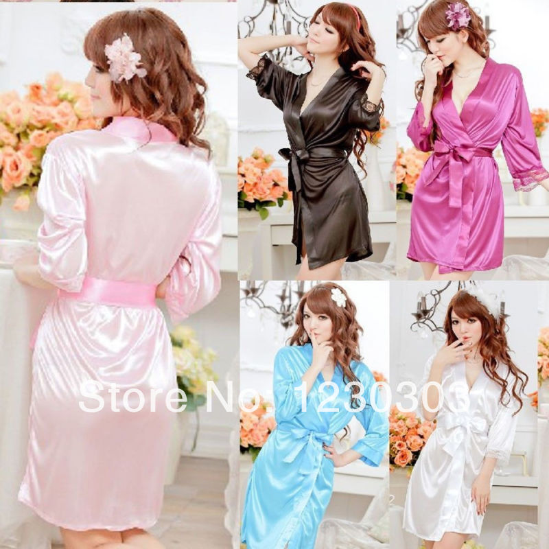 

Hot Sexy Satin Lace Black Kimono Intimate Sleepwear Robe Sexy Night Gown Bathrobes sleepwear evening dress housekeeper, Lavender